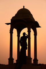Silhouette of Subhas Chandra Bose statue under canopy behind India Gate war memorial in glorious...