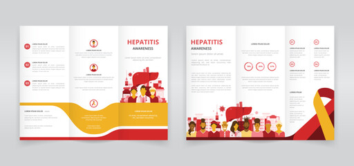 Trifold brochure, pamphlet or triptych leaflet template ideal for world hepatitis day or awareness month programs - obrazy, fototapety, plakaty