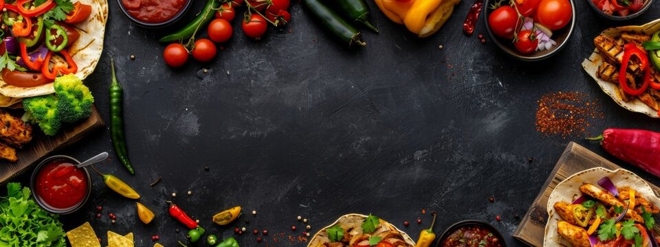 banner of black background with mexican food and Mexican fajita on the right side.