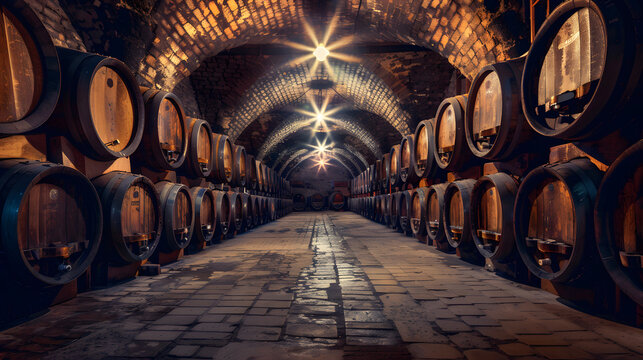 Wine barrels in the old cellar of the winery in Italy.