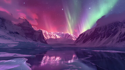 Aurora borealis northern lights over snowy mountains.