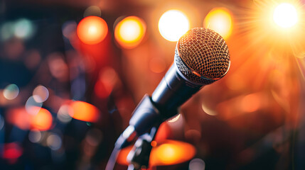 Microphone on stage with colorful bokeh background, close up