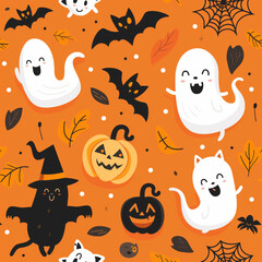 Cute halloween vector patterns such as ghosts, cats, bats, spiders, witch hats, jack-o'-lanterns... in orange background