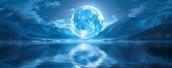 A sky with a giant full moon illuminating a serene lake