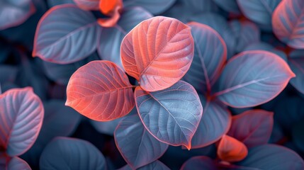   A bed of blue and red leaves with a layer of red and blue leaves on top