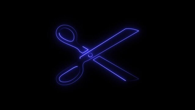 Neon scissors icon . Neon glowing scissor icon animation in black background.