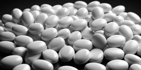 White pills on a black background. Close-up. Monochrome.