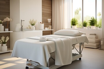 Interior of modern beauty salon with white bed and cosmetology equipment