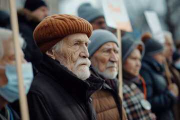 Obraz premium An elderly man delivers a protest speech through a megaphone on a city street. A crowd of elderly workers at a rally. A pensioner shouts through a megaphone in front of people.
