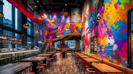 urban graffiti art, bright graffiti adorns urban walls, adding a lively and vibrant touch, shaping an energetic atmosphere in the interior