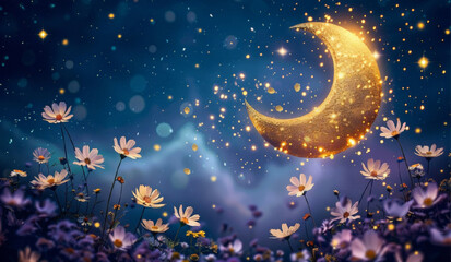 Naklejka premium Gold Half Moon and flowers on a dark clouds blue background, Ramadan Kareem Greeting Card. Eid mubarak, Eid al Adha banner. Holiday Horizontal cartoon banner with copy space.
