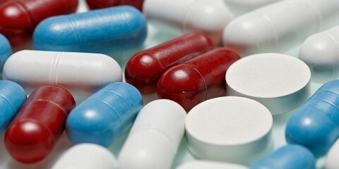 Close-up of pills and capsules on white background. Focus on foreground.