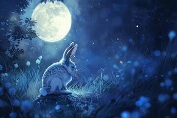 mystical rabbit illuminated by moonlight in enchanted night forest magical fantasy creature illustration digital painting