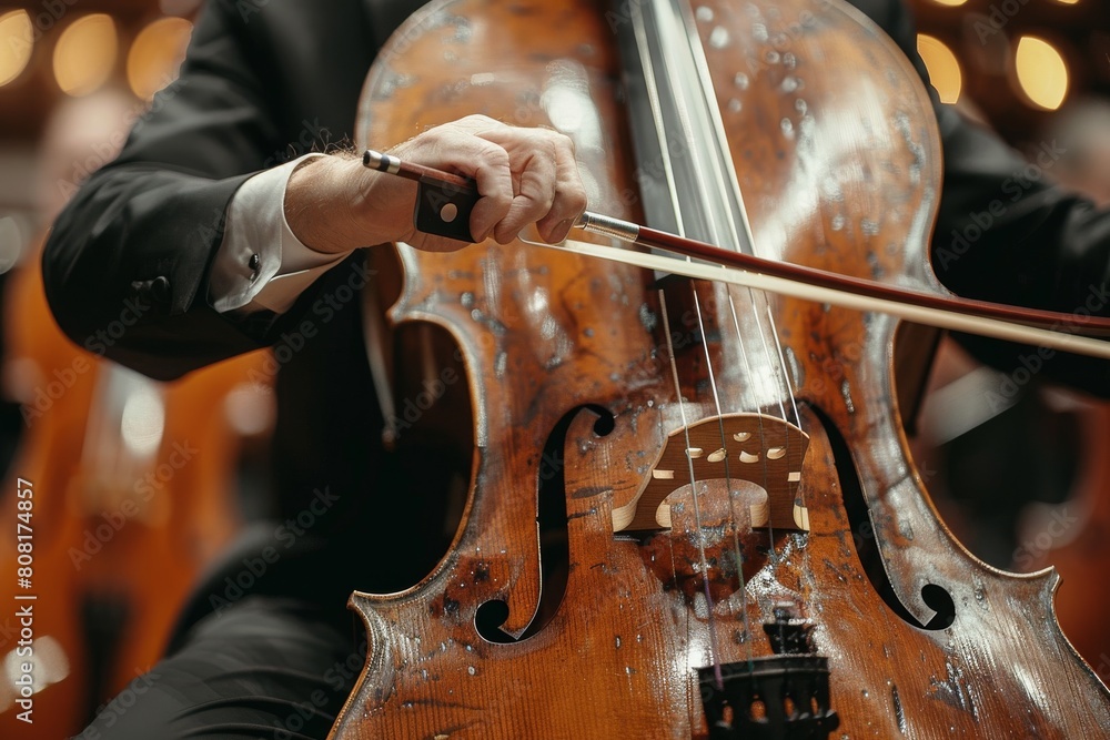Aufkleber detailed capture of a musician playfully engaged with a cello instrument, focusing on hands and bow 