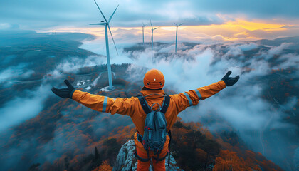 Triumphant Ascent Amidst Nature’s Majesty: climber, adorned in vibrant gear, celebrates victory against backdrop of misty mountains and silhouetted wind turbines.