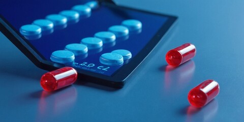 Tablet and red capsules on a blue background. Close-up.