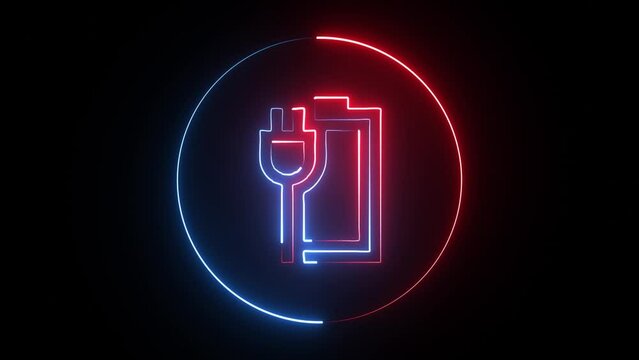 Neon battery charging plug icon. Neon charge battery sign with electric plug.