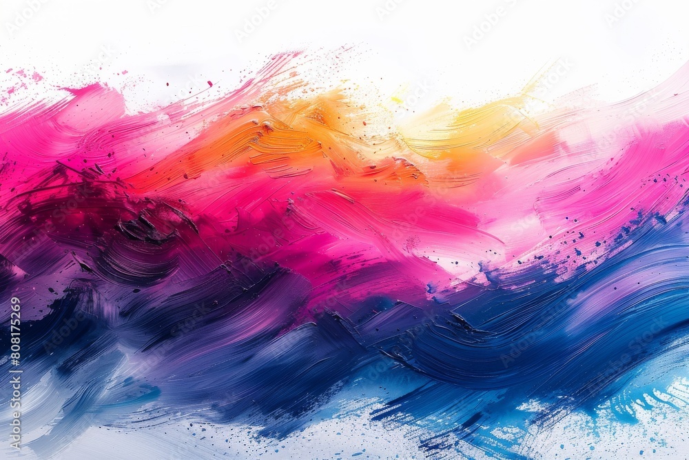 Poster an abstract painting with dynamic colorful acrylic brush strokes on a white canvas background