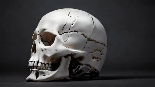 Cracked human skull on a dark gray background. Concept of Halloween, Day of the Dead, D&iacute;a de los Muertos, mortality, forensic science, archaeological studies. Motion