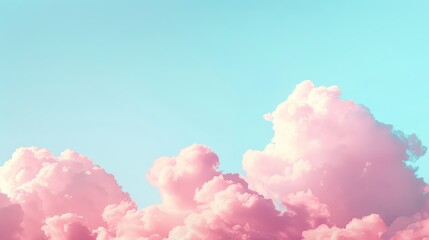 Fototapeta premium A blue sky dotted with pink clouds, a plane traverses midday