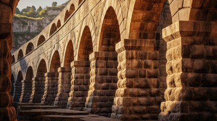 Obraz premium Roman aqueduct's network of stone channels and arches water flowing
