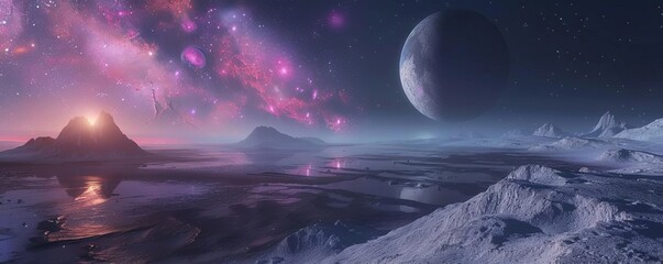 A serene view of an alien planets night sky, filled with multiple moons and a view of a distant, colorful galaxy