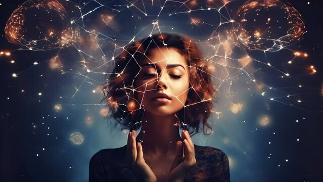 Video concept exploring the mind, self-discovery, introspection, thinking process. Woman developing her emotional intelligence.