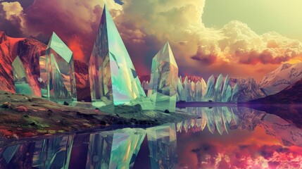 Crystalline Towers Emerging from a Mirrored Lake in a Vibrant Dreamlike Landscape