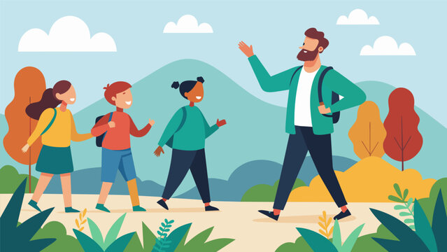 Taking a group of clients on a nature walk the coach encourages them to tune in to their surroundings focus on their breath and enjoy the benefits of. Vector illustration
