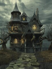 3D Haunted House Wallpaper A Dangerous Illuminated Architectural Design Shrouded in Halloween Mystery
