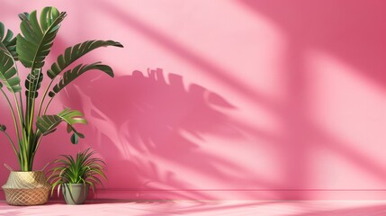 Obraz premium A vivid pink wall is accentuated by shadows from tropical plants, invoking a warm, summery feel in an interior space
