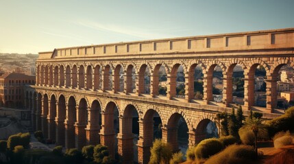 Roman aqueduct's monumental arches rise above bustling city