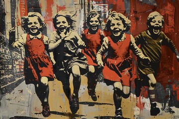 A group of children playing in tunics and hose, their laughter echoing through the streets, popart