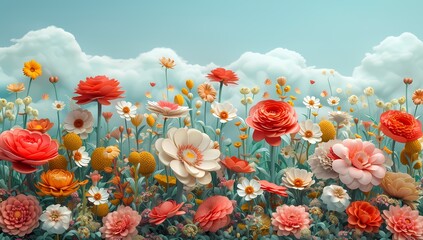A vivid digital artwork featuring a dense field of various red flowers under a clear sky, depicting growth and vibrancy in nature