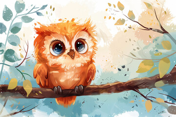 Watercolor painting of small red owl with big eyes sitting on tree branch in forest.