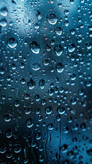 Raindrops on glass surface. Background is bluish color, and raindrops range in size and opacity.