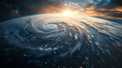 Hurricane viewed from space, showcasing the powerful force of nature juxtaposed with tranquil stars