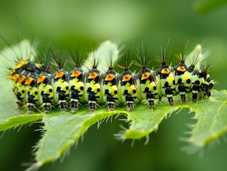 Fototapeta premium Macro Shot of a Vibrant Green Caterpillar Feeding on a Lush Leaf in the Natural Environment