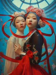 Graceful Portraiture asian korean girl Flowing Ribbons.Two women captured in an ethereal setting, adorned with flowing ribbons and delicate floral accents. Their poised expressions 