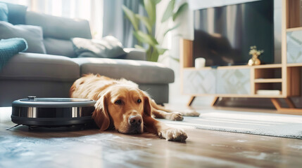A large dog watches robot vacuum cleaner in action, highlighting the interaction between pets and smart home devices. The concept of cleaning, cleanliness and hygiene in a modern home