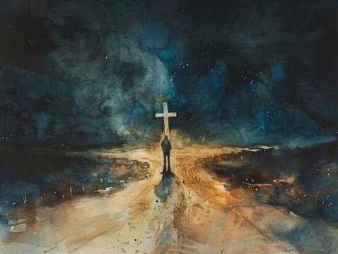 Man is condemned to be free  a person standing at a crossroads, watercolor