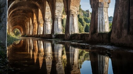 Roman aqueduct's towering arches reflect in clear pond