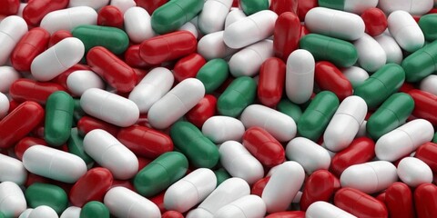 3d rendering of a pile of red, white and green pills.
