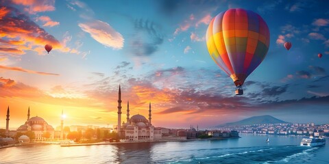 Explore the World: Travel Agency Ad Features Globe-Shaped Hot Air Balloon Flying Over Famous Landmarks. Concept Travel Agency, Hot Air Balloon, Globe, Famous Landmarks, Explore The World
