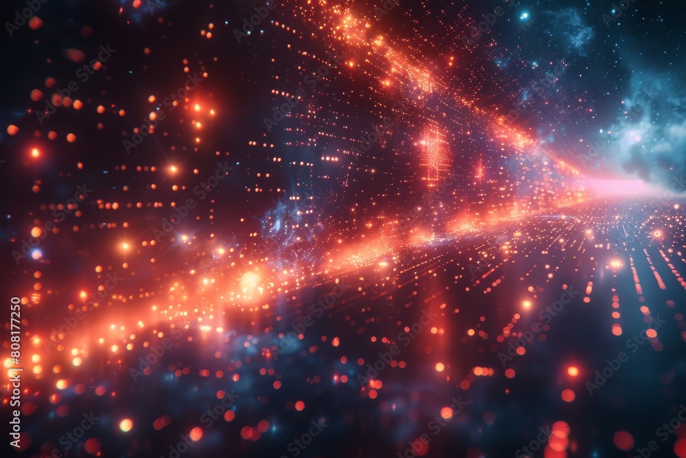 Poster a digitally created space scene with bursts of light and red glowing particles resembling a cosmic e