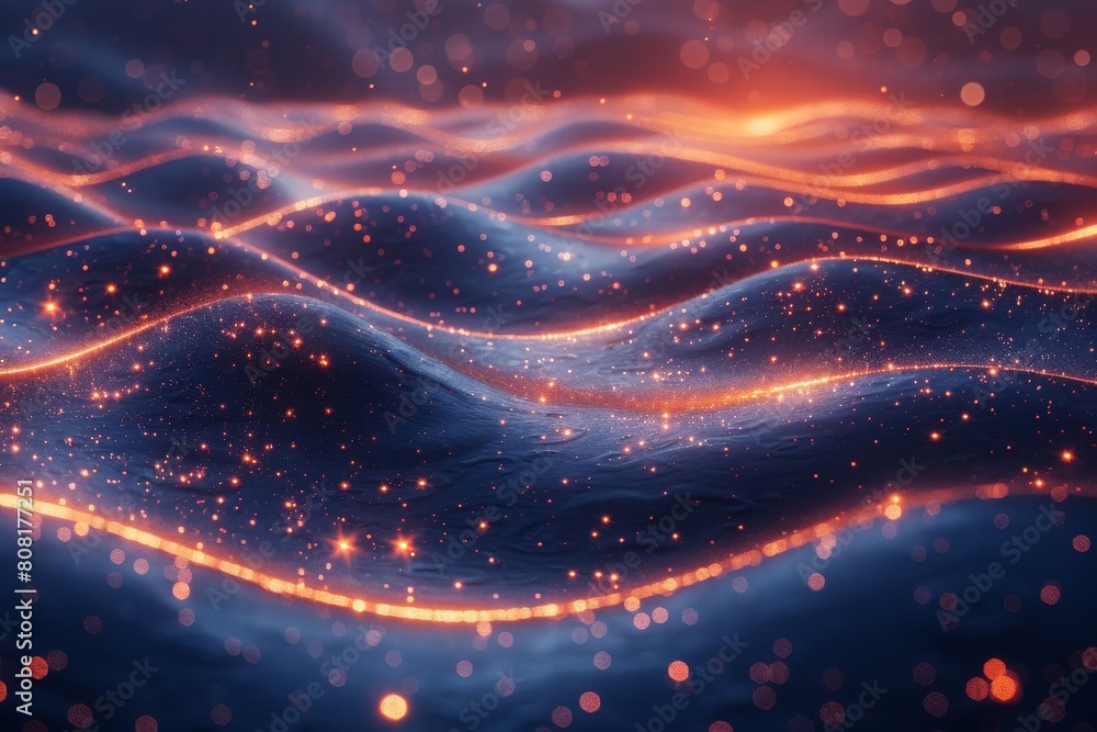 Poster a mesmerizing visual of undulating waves with glittering red and blue particles against a deep dark 