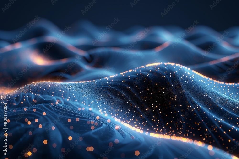 Poster this image depicts an artistic rendition of a landscape made from a blue particle wave that gives a 