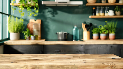 Wooden light empty countertop on the background of a modern green kitchen, kitchen panel with accessories in the interior. Scene showcase template for promotional items, banner, copy space