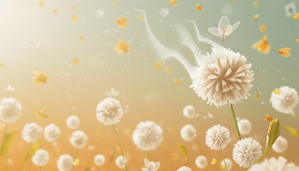 Allergy: Illustration of a whimsical scene with white dandelion flowers, floating seeds, butterflies, and petals against a soft, dreamy backdrop suggesting a gentle breeze.