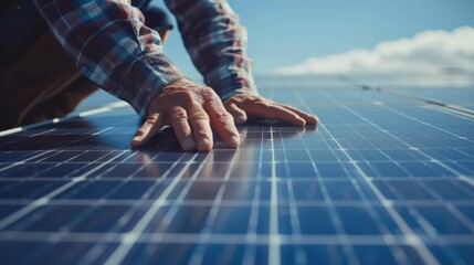 Detailed close-up of hands meticulously adjusting solar panels, showing precision and skill in renewable energy deployment